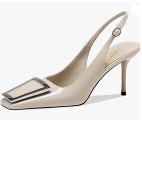 YDN White Dressy Slingback Pumps Square Closed Toe Slip On Metal Buckle Sandals